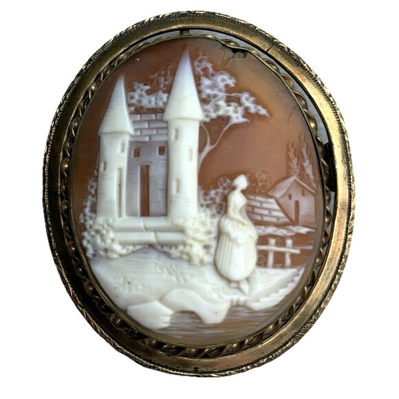 Large Antique Victorian Spinning Mourning Brooch Rolled Gold Carved Shell Cameo - Picture 1 of 9